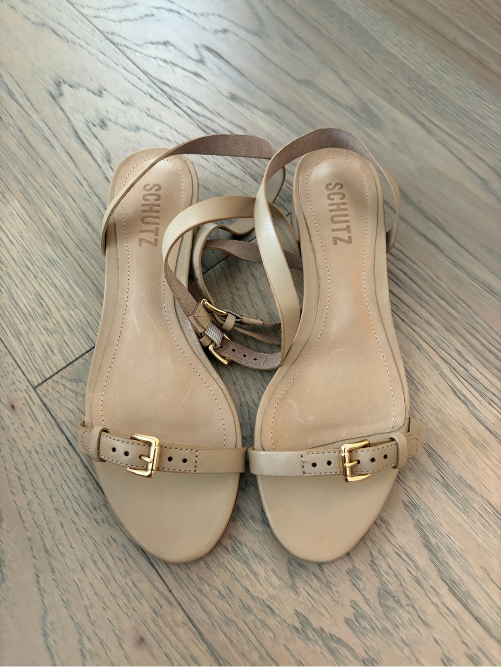 SCHUTZ Neutral Beige Strappy Leather Sandals with Gold Buckles
